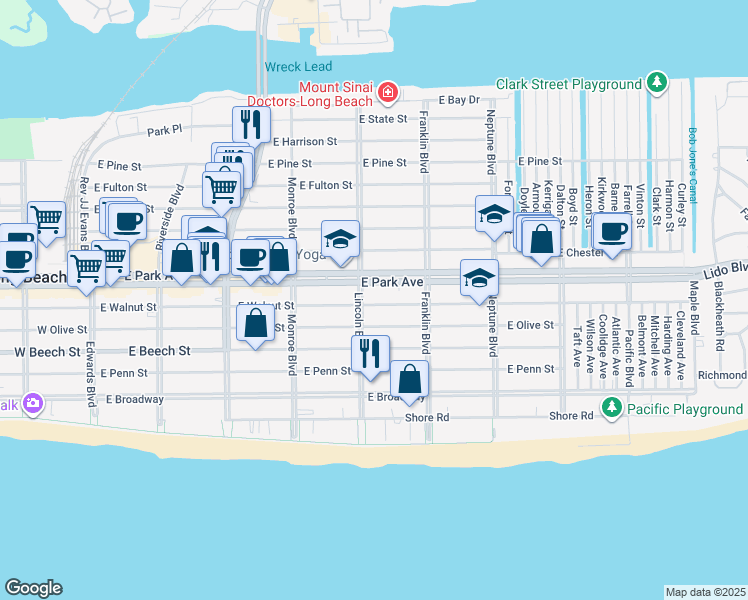 map of restaurants, bars, coffee shops, grocery stores, and more near 430 East Park Avenue in Long Beach