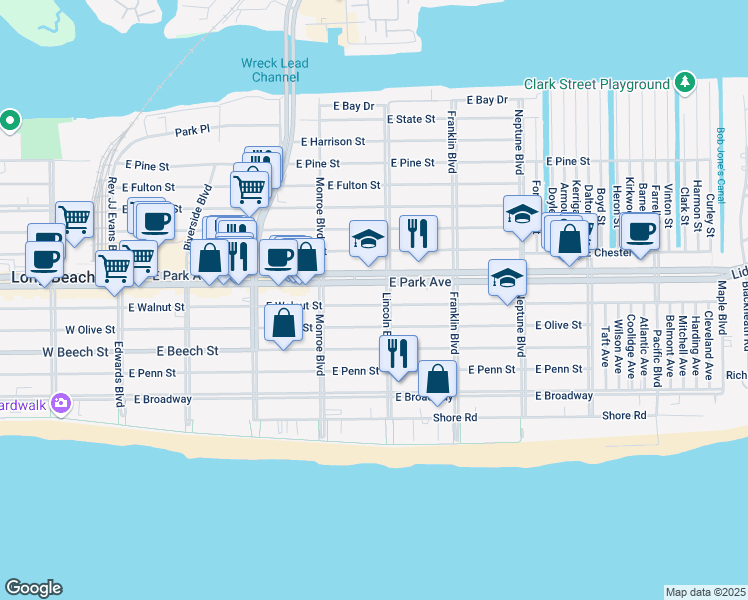 map of restaurants, bars, coffee shops, grocery stores, and more near 370 West Park Avenue in Long Beach
