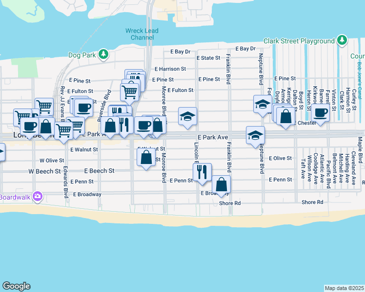 map of restaurants, bars, coffee shops, grocery stores, and more near 315 East Walnut Street in Long Beach