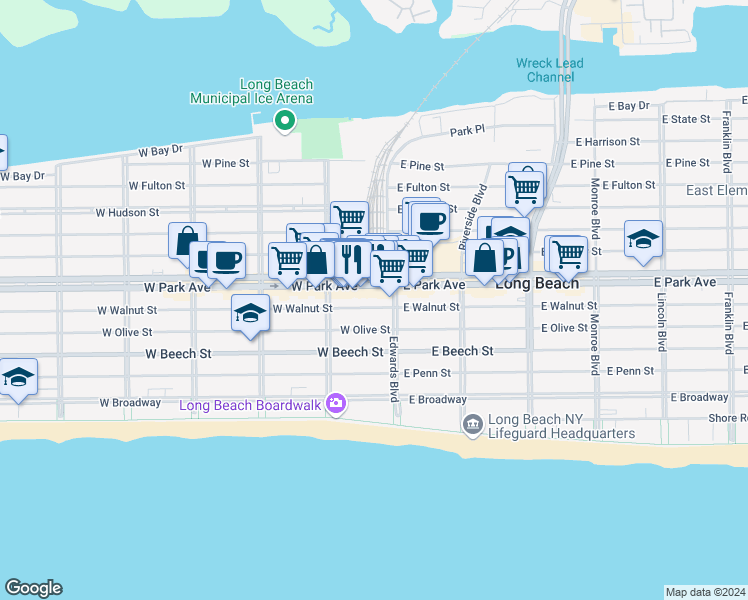 map of restaurants, bars, coffee shops, grocery stores, and more near in Long Beach