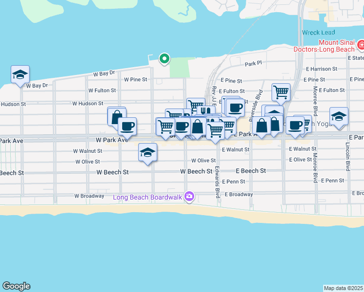 map of restaurants, bars, coffee shops, grocery stores, and more near in Long Beach