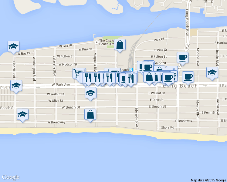 map of restaurants, bars, coffee shops, grocery stores, and more near 4653 West Park Avenue in Long Beach