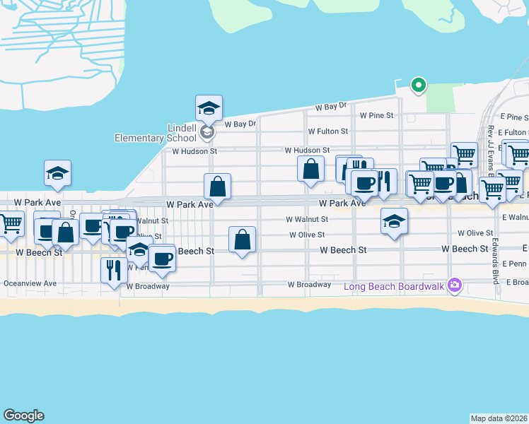 map of restaurants, bars, coffee shops, grocery stores, and more near in Long Beach