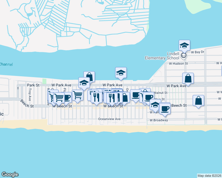 map of restaurants, bars, coffee shops, grocery stores, and more near 917 West Park Avenue in Long Beach