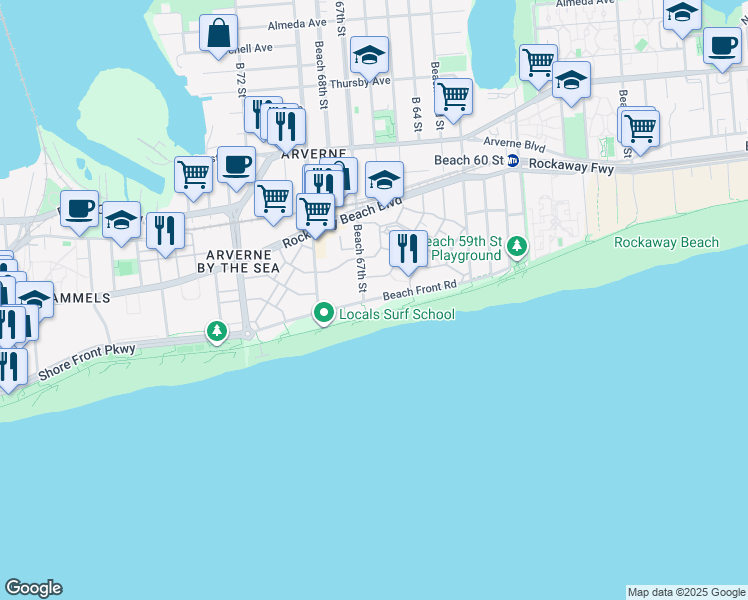 map of restaurants, bars, coffee shops, grocery stores, and more near 6529 Seaspray Avenue in Queens