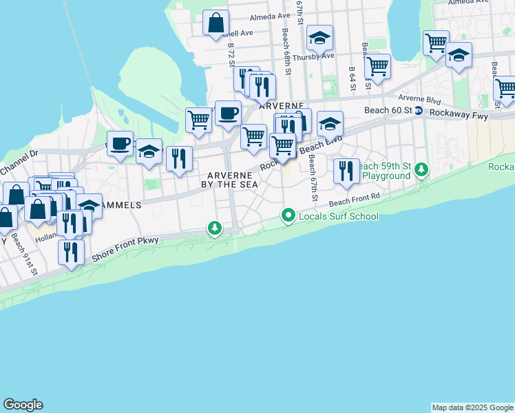 map of restaurants, bars, coffee shops, grocery stores, and more near 7203 Catamaran Way in Queens
