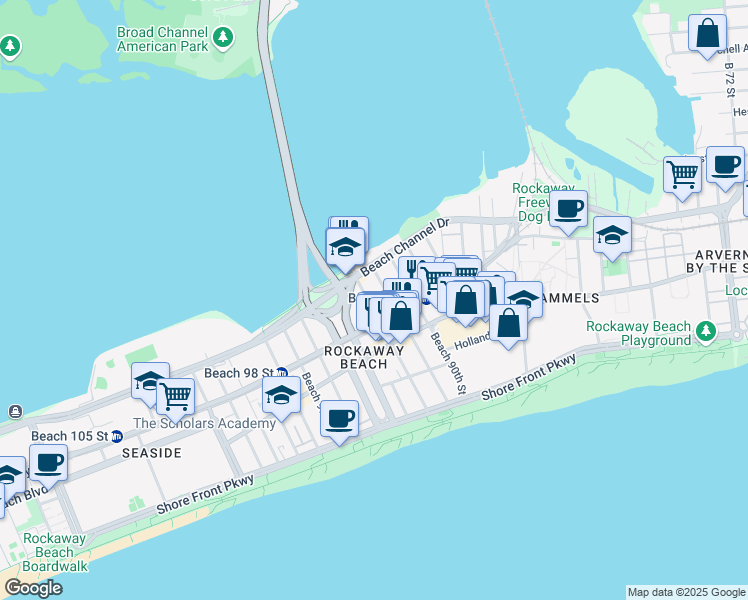 map of restaurants, bars, coffee shops, grocery stores, and more near 3-50 Beach 92nd Street in Queens
