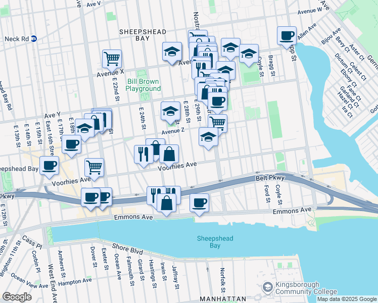 map of restaurants, bars, coffee shops, grocery stores, and more near 2629 East 27th Street in Brooklyn