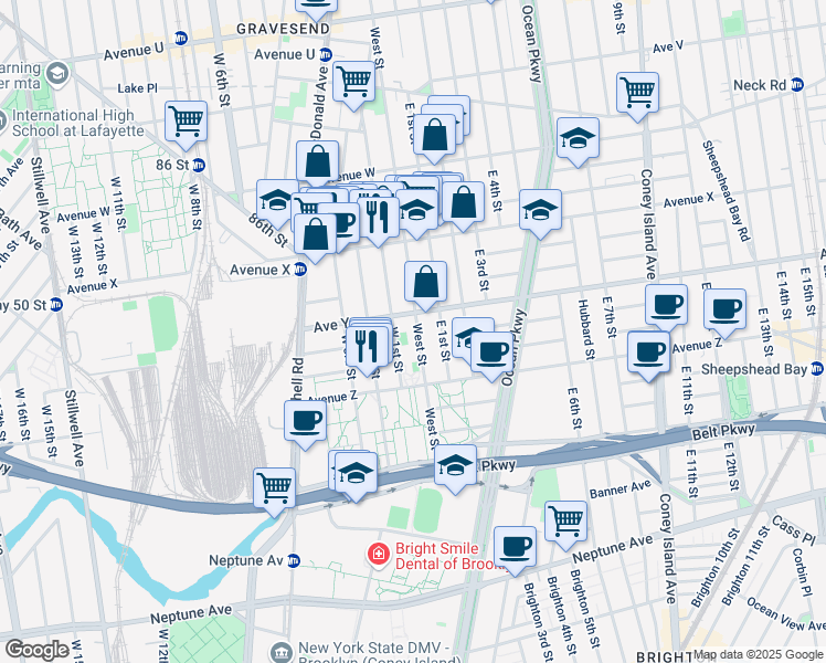 map of restaurants, bars, coffee shops, grocery stores, and more near 447 Avenue Y in Brooklyn