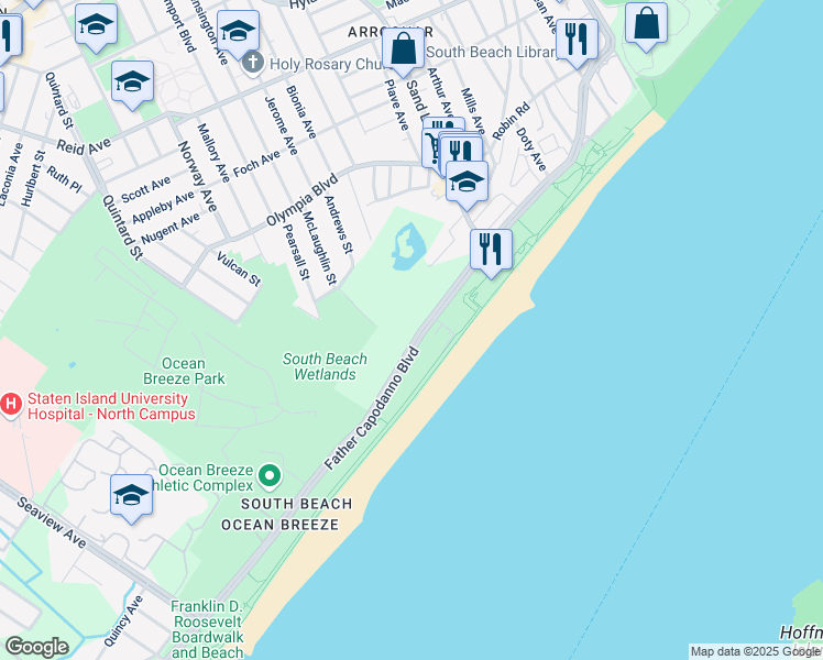 map of restaurants, bars, coffee shops, grocery stores, and more near 393 Father Capodanno Boulevard in Staten Island