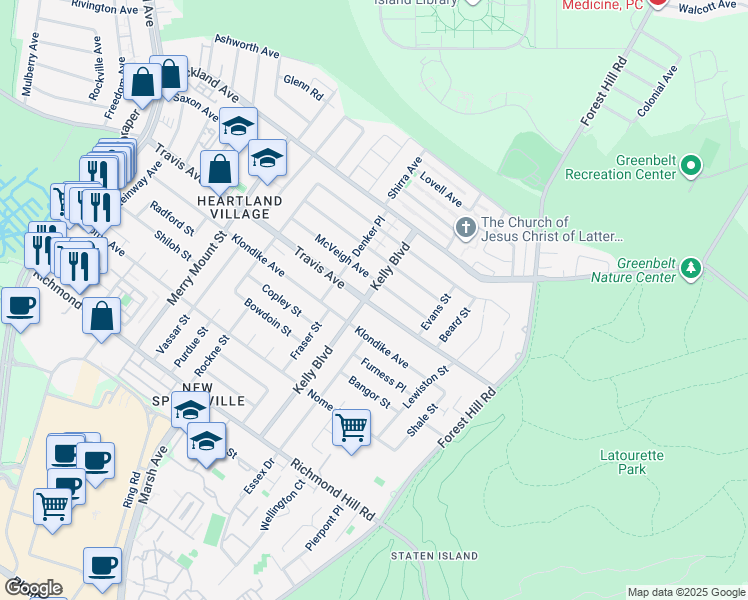 map of restaurants, bars, coffee shops, grocery stores, and more near 81 McVeigh Avenue in Staten Island