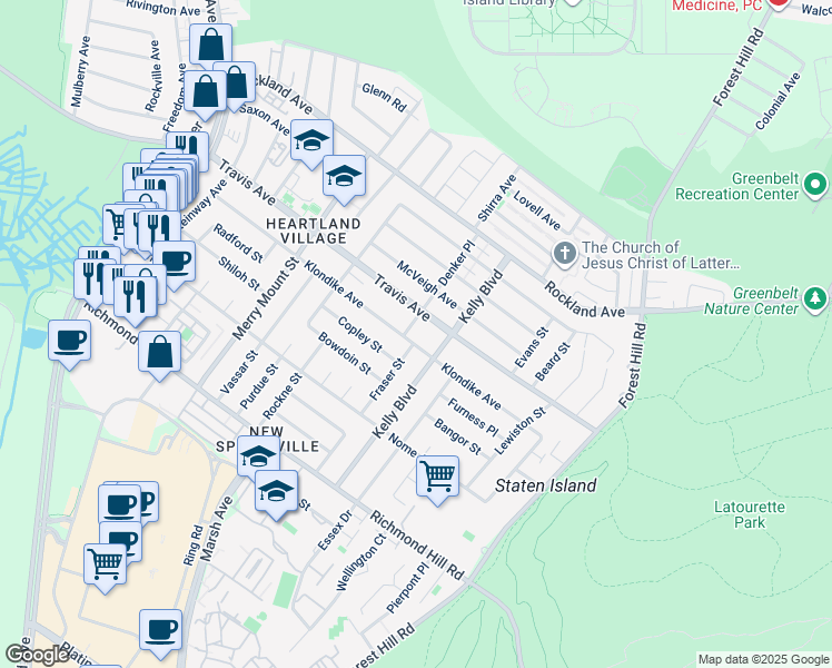 map of restaurants, bars, coffee shops, grocery stores, and more near 351 Travis Avenue in Staten Island