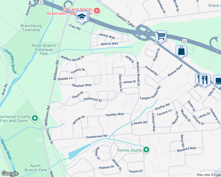 map of restaurants, bars, coffee shops, grocery stores, and more near 3 Schaal Street in Bridgewater Township