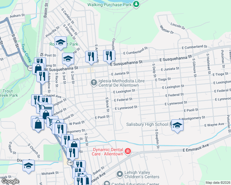 map of restaurants, bars, coffee shops, grocery stores, and more near 1405 South Albert Street in Allentown
