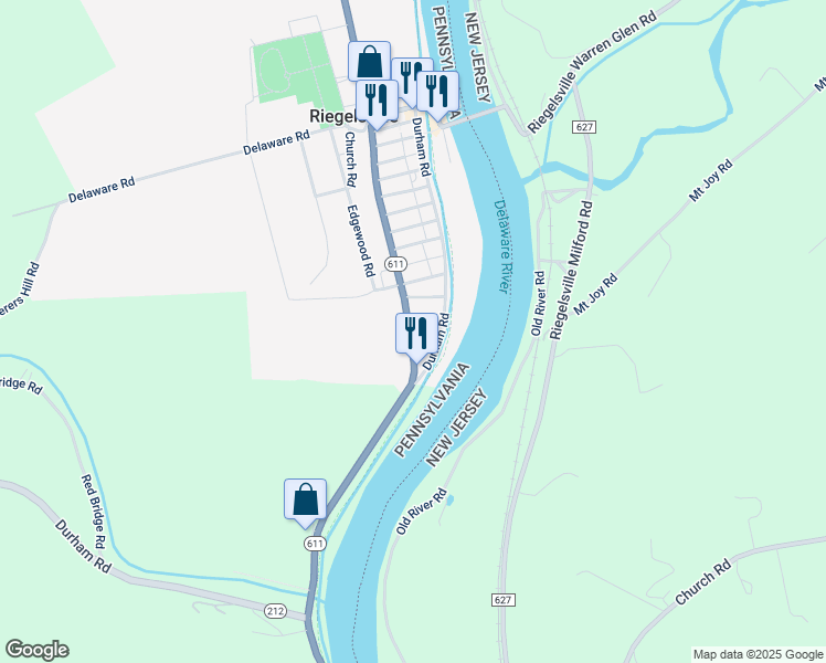 map of restaurants, bars, coffee shops, grocery stores, and more near 1236 Easton Road in Riegelsville