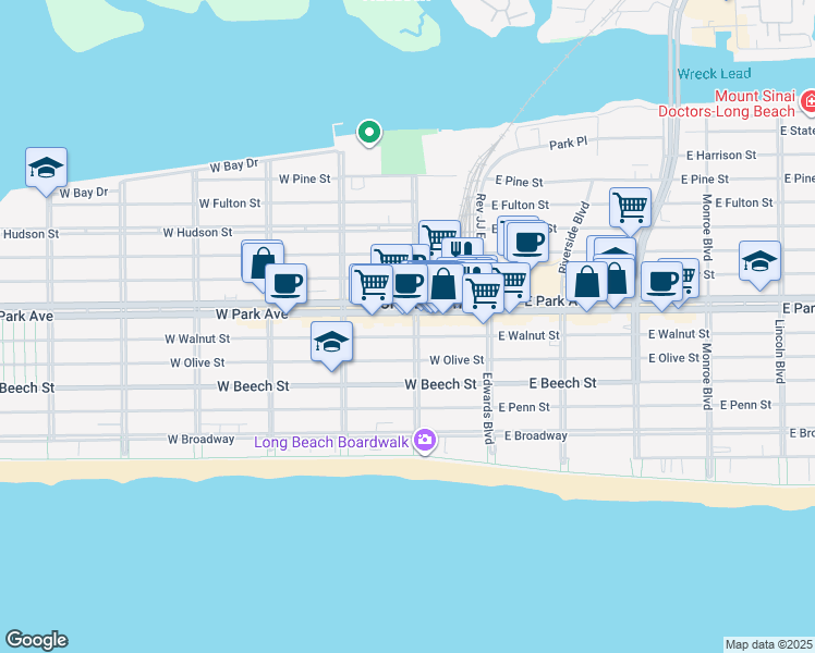map of restaurants, bars, coffee shops, grocery stores, and more near 384 National Boulevard in Long Beach