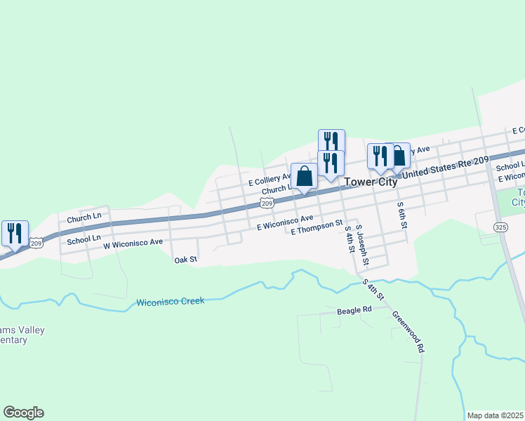 map of restaurants, bars, coffee shops, grocery stores, and more near 30 East Grand Avenue in Tower City
