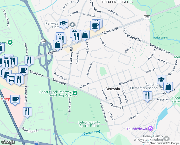 map of restaurants, bars, coffee shops, grocery stores, and more near 345 Tamarack Drive in Allentown