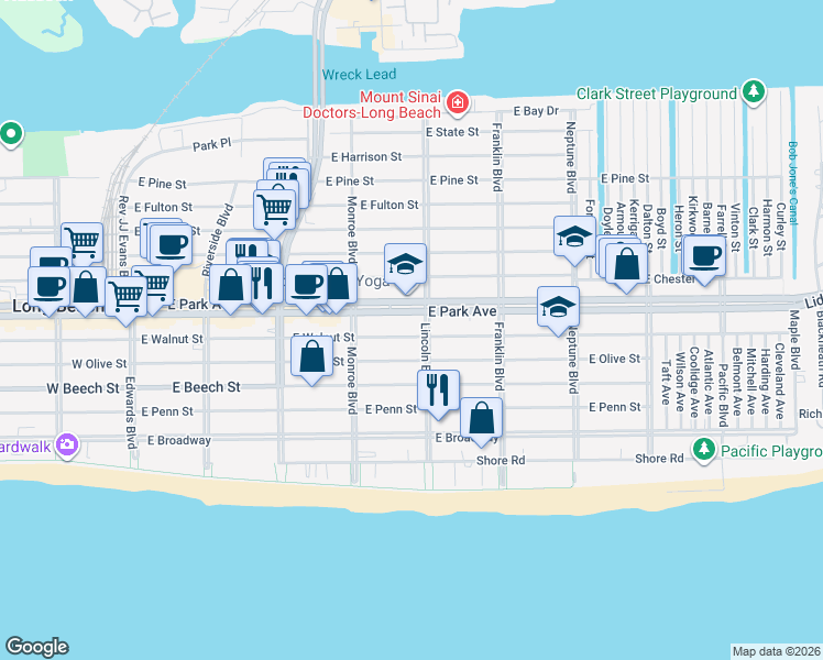 map of restaurants, bars, coffee shops, grocery stores, and more near 370 West Park Avenue in Long Beach