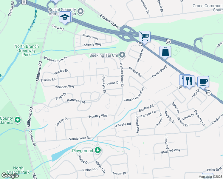 map of restaurants, bars, coffee shops, grocery stores, and more near 16 Jenna Drive in Bridgewater Township