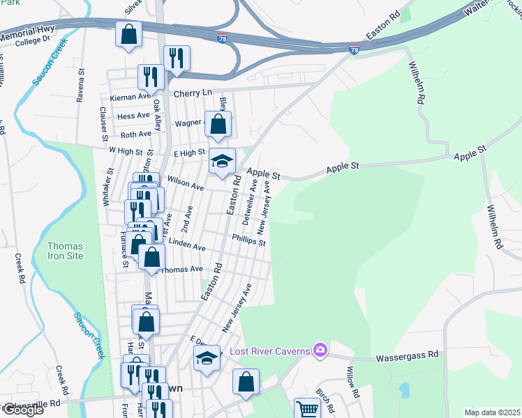 map of restaurants, bars, coffee shops, grocery stores, and more near 1380 New Jersey Avenue in Hellertown