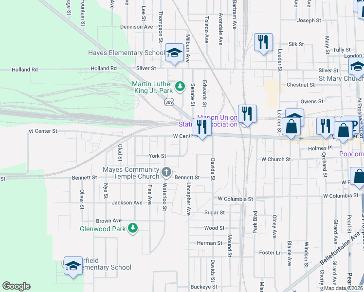 map of restaurants, bars, coffee shops, grocery stores, and more near 767 West Center Street in Marion