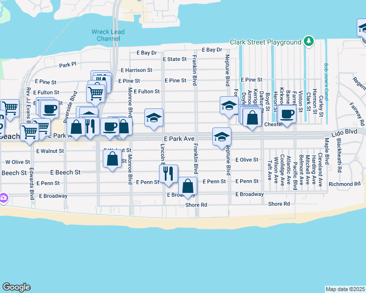 map of restaurants, bars, coffee shops, grocery stores, and more near 430 East Park Avenue in Long Beach