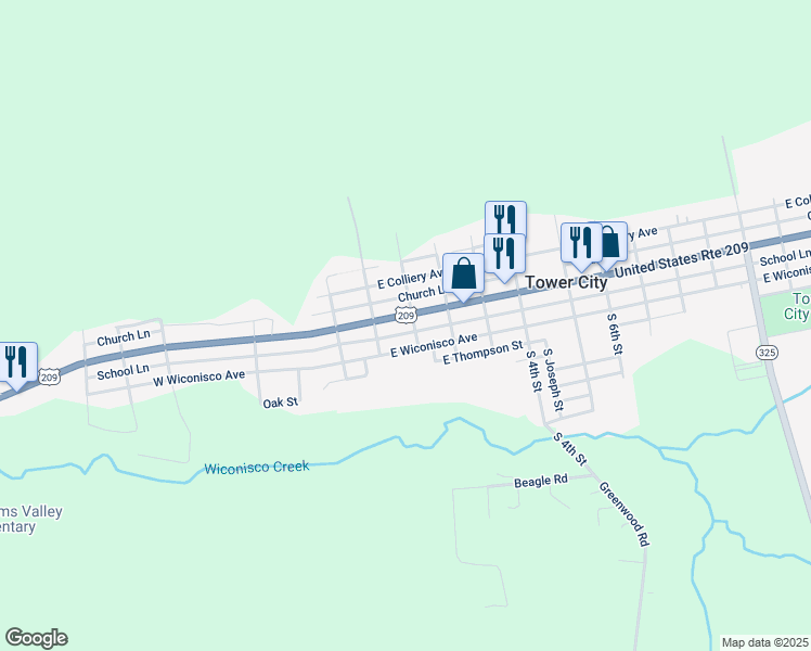 map of restaurants, bars, coffee shops, grocery stores, and more near 40 East Grand Avenue in Tower City