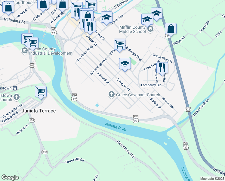map of restaurants, bars, coffee shops, grocery stores, and more near 614 South Grand Street in Lewistown