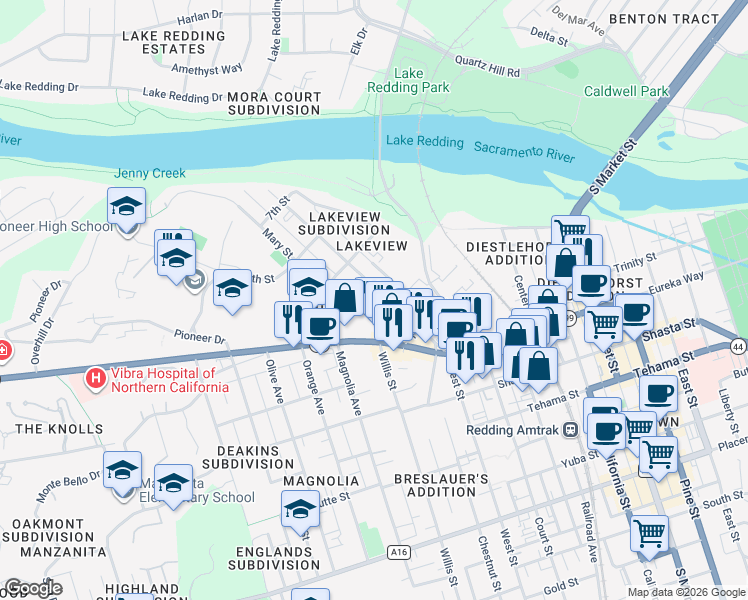 map of restaurants, bars, coffee shops, grocery stores, and more near 999 West Street in Redding