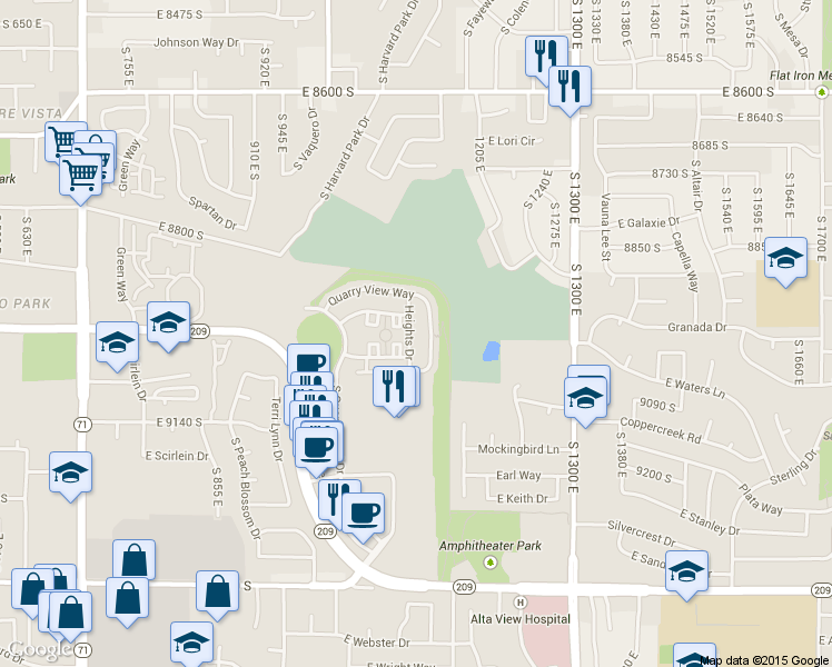 map of restaurants, bars, coffee shops, grocery stores, and more near 8985 Heights Drive in Sandy
