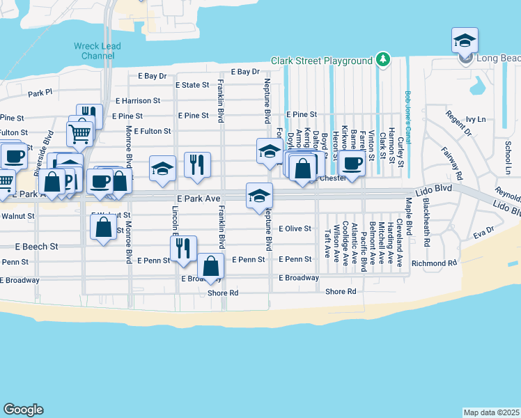 map of restaurants, bars, coffee shops, grocery stores, and more near 568 East Park Avenue in Long Beach
