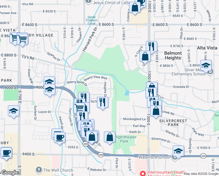 map of restaurants, bars, coffee shops, grocery stores, and more near 8986 Quarry Stone Way in Sandy