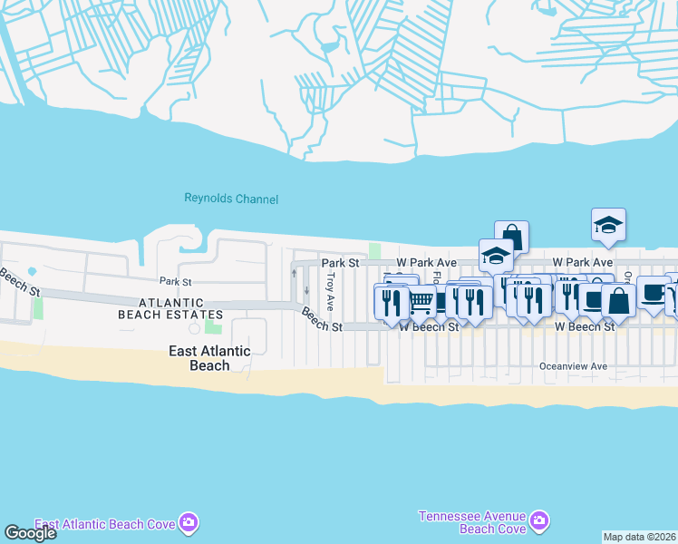 map of restaurants, bars, coffee shops, grocery stores, and more near 58 Bay Street in East Atlantic Beach