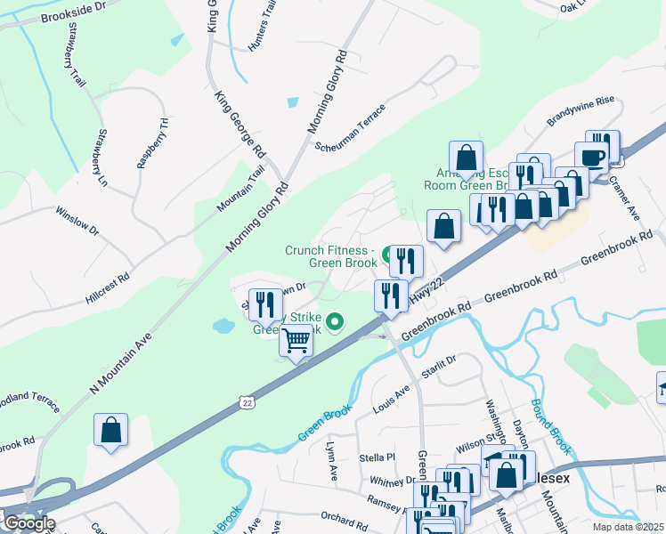 map of restaurants, bars, coffee shops, grocery stores, and more near 3023 King Court in Green Brook Township