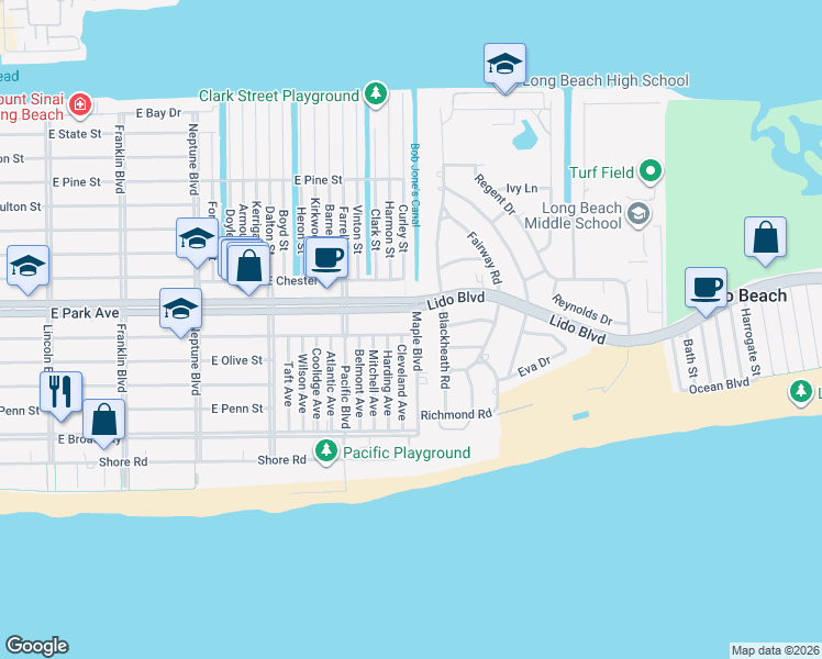 map of restaurants, bars, coffee shops, grocery stores, and more near 41 Lido Boulevard in Long Beach