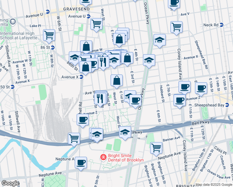 map of restaurants, bars, coffee shops, grocery stores, and more near 447 Avenue Y in Brooklyn