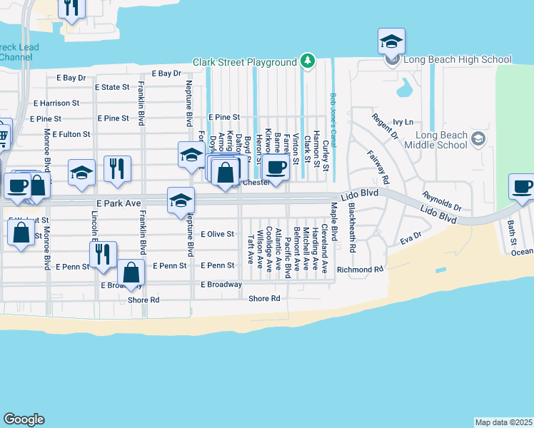 map of restaurants, bars, coffee shops, grocery stores, and more near 732 East Park Avenue in Long Beach