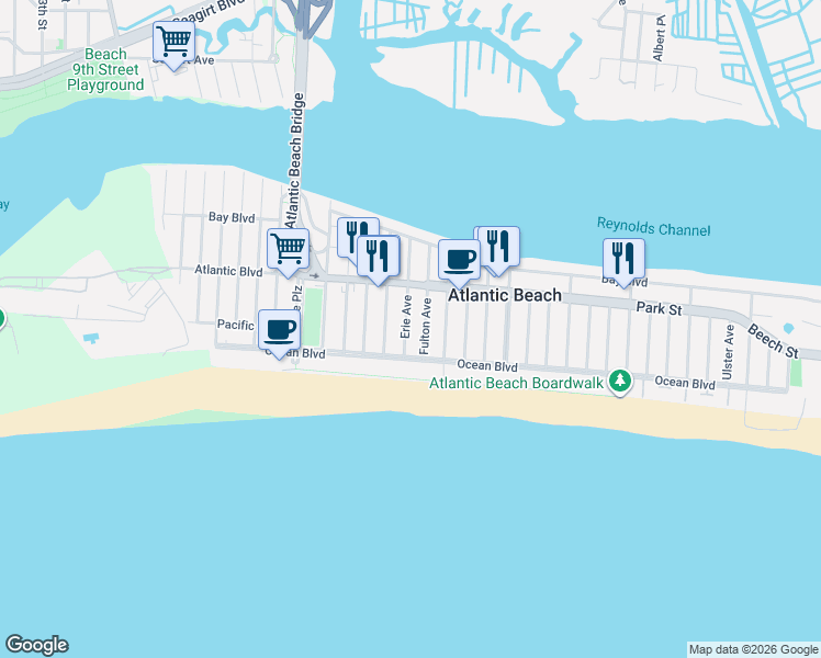 map of restaurants, bars, coffee shops, grocery stores, and more near 73 Fulton Avenue in Atlantic Beach