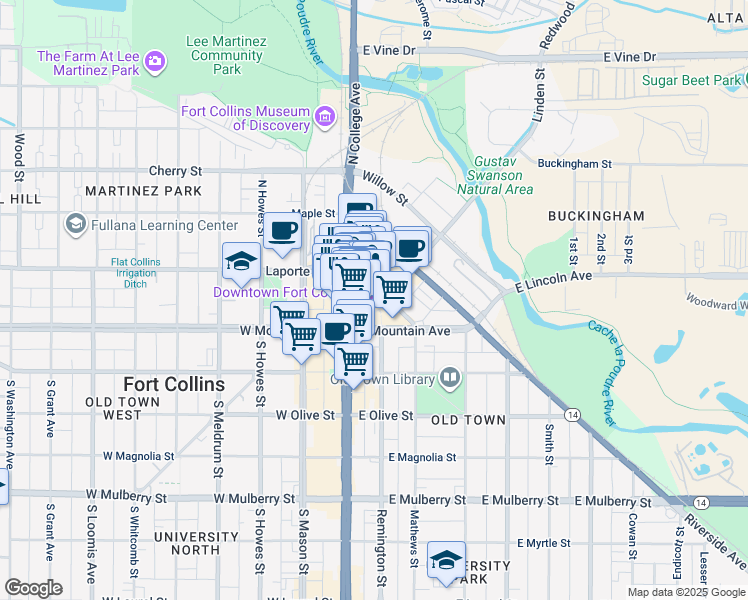 map of restaurants, bars, coffee shops, grocery stores, and more near 172 North College Avenue in Fort Collins