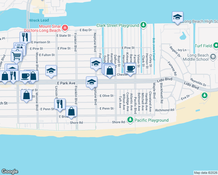 map of restaurants, bars, coffee shops, grocery stores, and more near 630 East Park Avenue in Long Beach