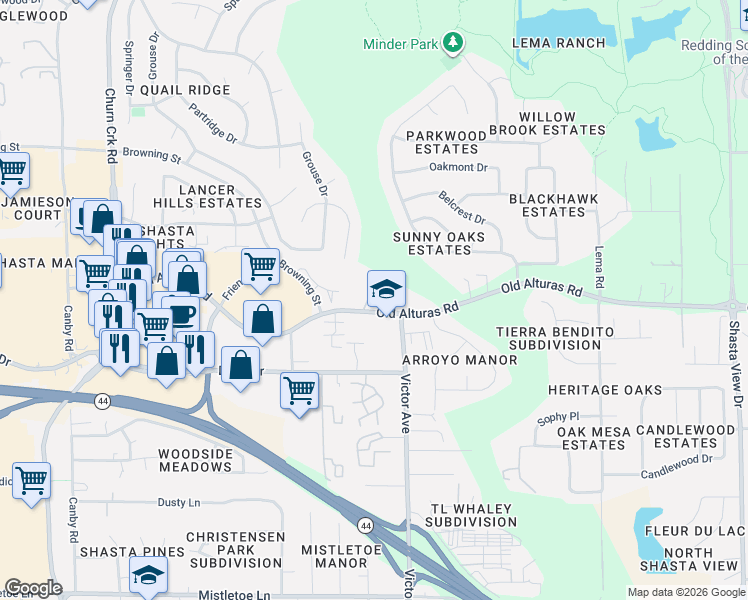 map of restaurants, bars, coffee shops, grocery stores, and more near 1320 Old Alturas Rd in Redding