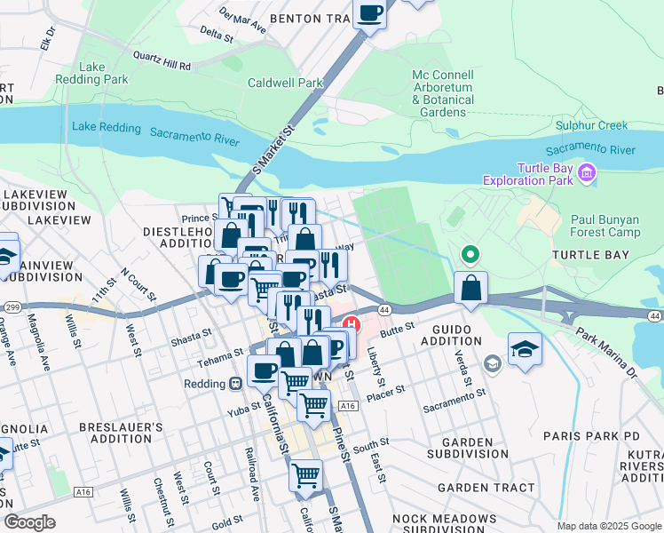 map of restaurants, bars, coffee shops, grocery stores, and more near 1205 Liberty Street in Redding