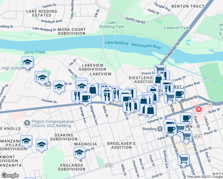 map of restaurants, bars, coffee shops, grocery stores, and more near 1030 North Court Street in Redding