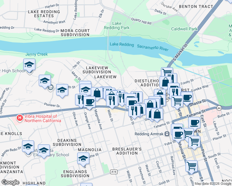 map of restaurants, bars, coffee shops, grocery stores, and more near 1030 North Court Street in Redding