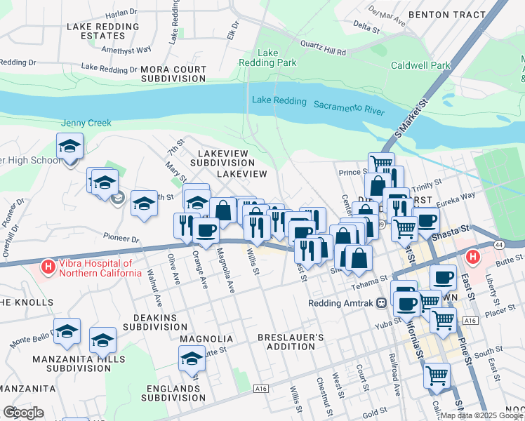 map of restaurants, bars, coffee shops, grocery stores, and more near 1030 North Court Street in Redding