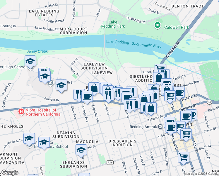 map of restaurants, bars, coffee shops, grocery stores, and more near 999 West Street in Redding
