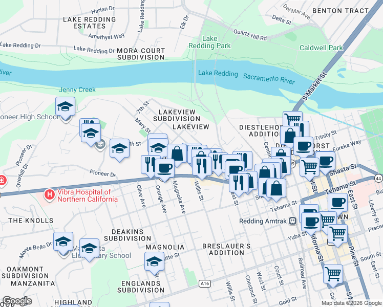 map of restaurants, bars, coffee shops, grocery stores, and more near 999 West Street in Redding