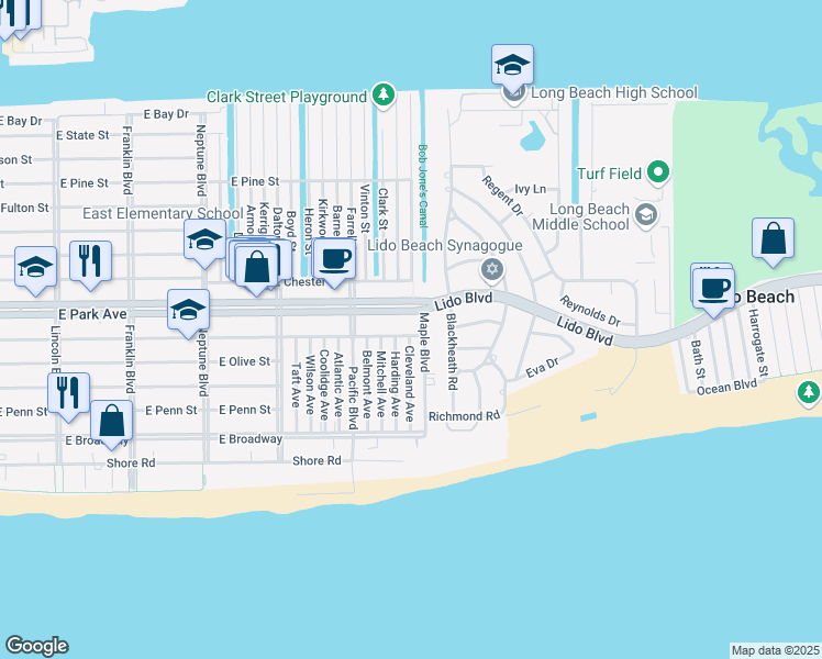 map of restaurants, bars, coffee shops, grocery stores, and more near 41 Lido Boulevard in Long Beach