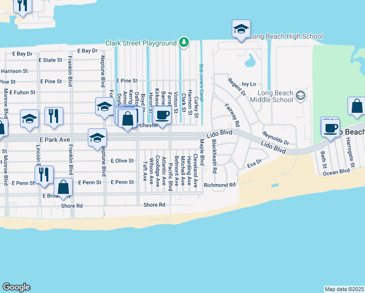 map of restaurants, bars, coffee shops, grocery stores, and more near 824 East Park Avenue in Long Beach